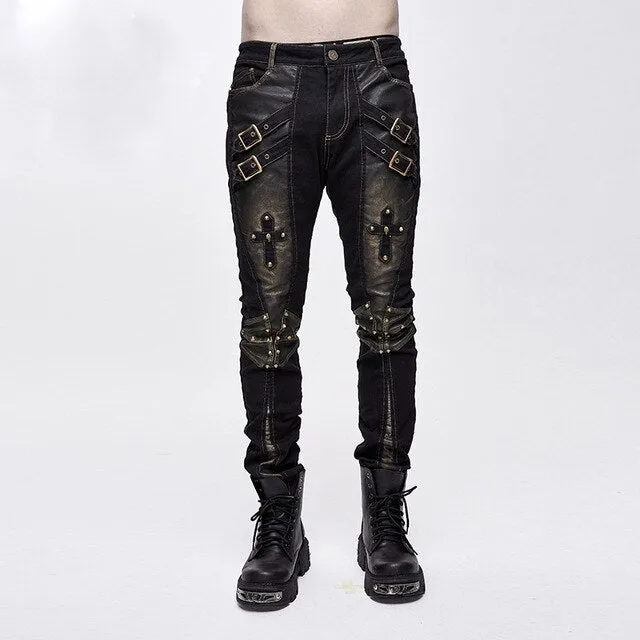 Devil Fashion Punk Rock Trousers Men Metal Buckets Cross Black Long Pants Men Rivets Casual Pants