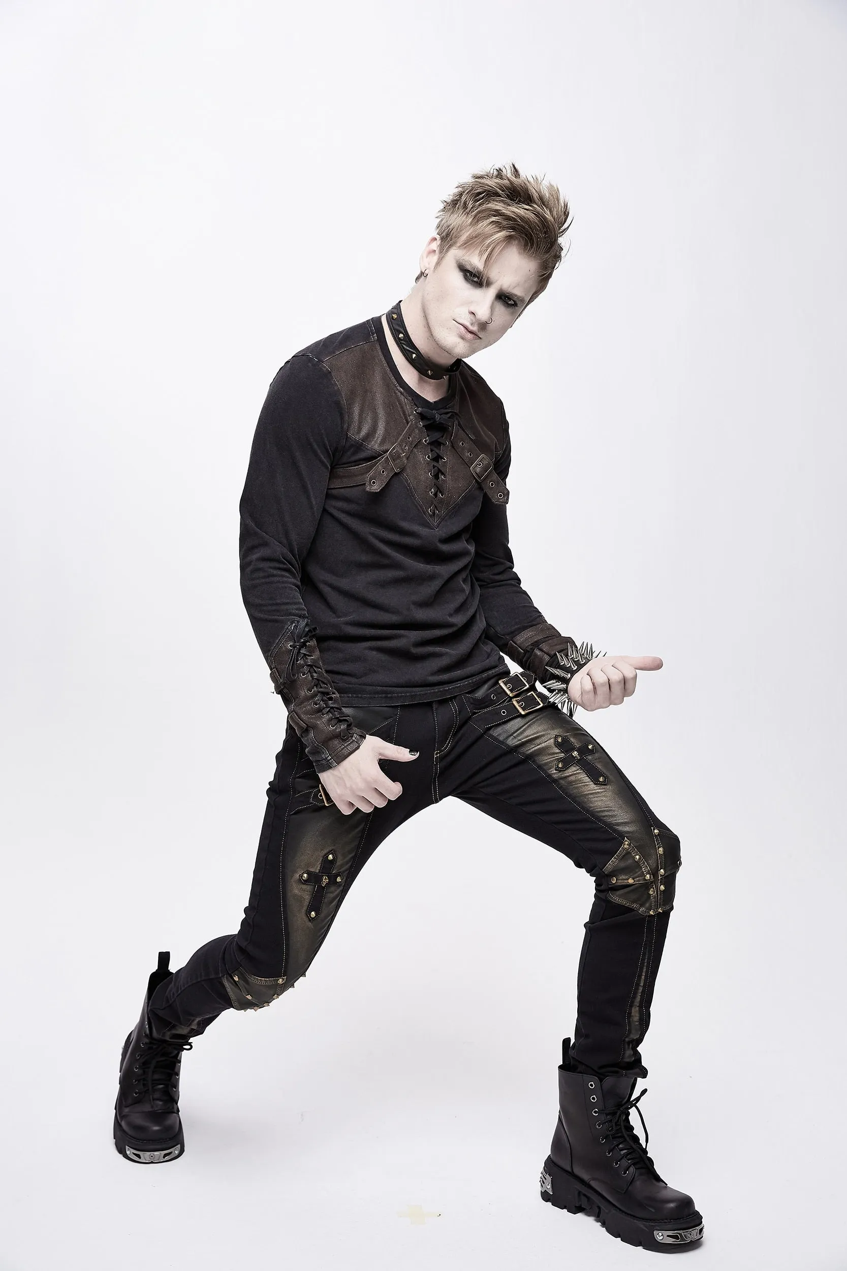 Devil Fashion Punk Rock Trousers Men Metal Buckets Cross Black Long Pants Men Rivets Casual Pants