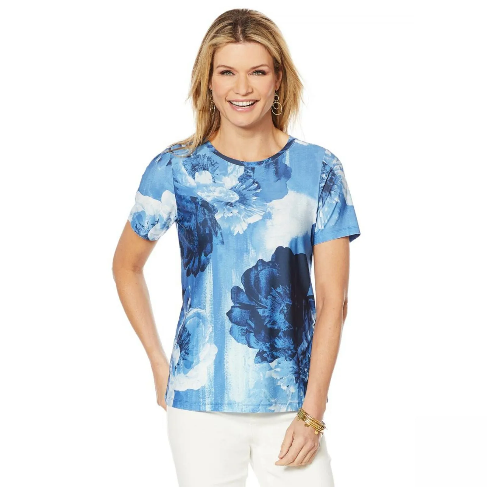 DG2 by Diane Gilman Women's Knit All Over Printed T-Shirt Navy Large
