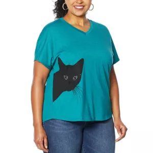 DG2 by Diane Gilman Women's Plus Size Sequined Cat T-Shirt