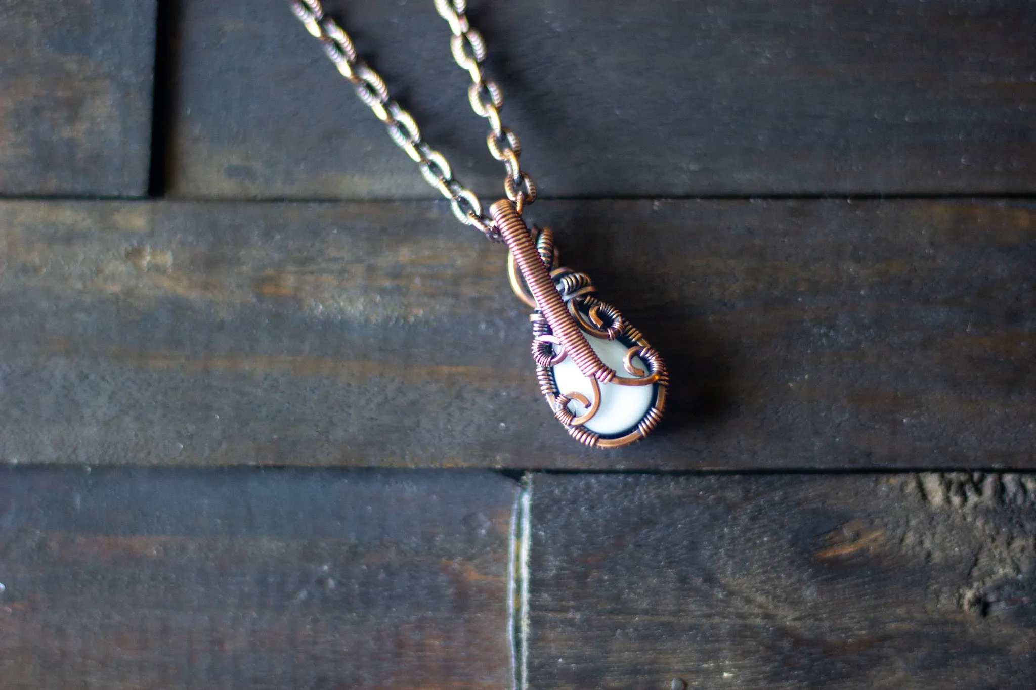 Dichroic Blue and White Fused Glass Teardrop Pendant with Copper Wire Wrapping