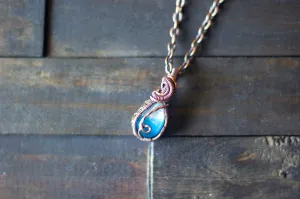 Dichroic Blue and White Fused Glass Teardrop Pendant with Copper Wire Wrapping