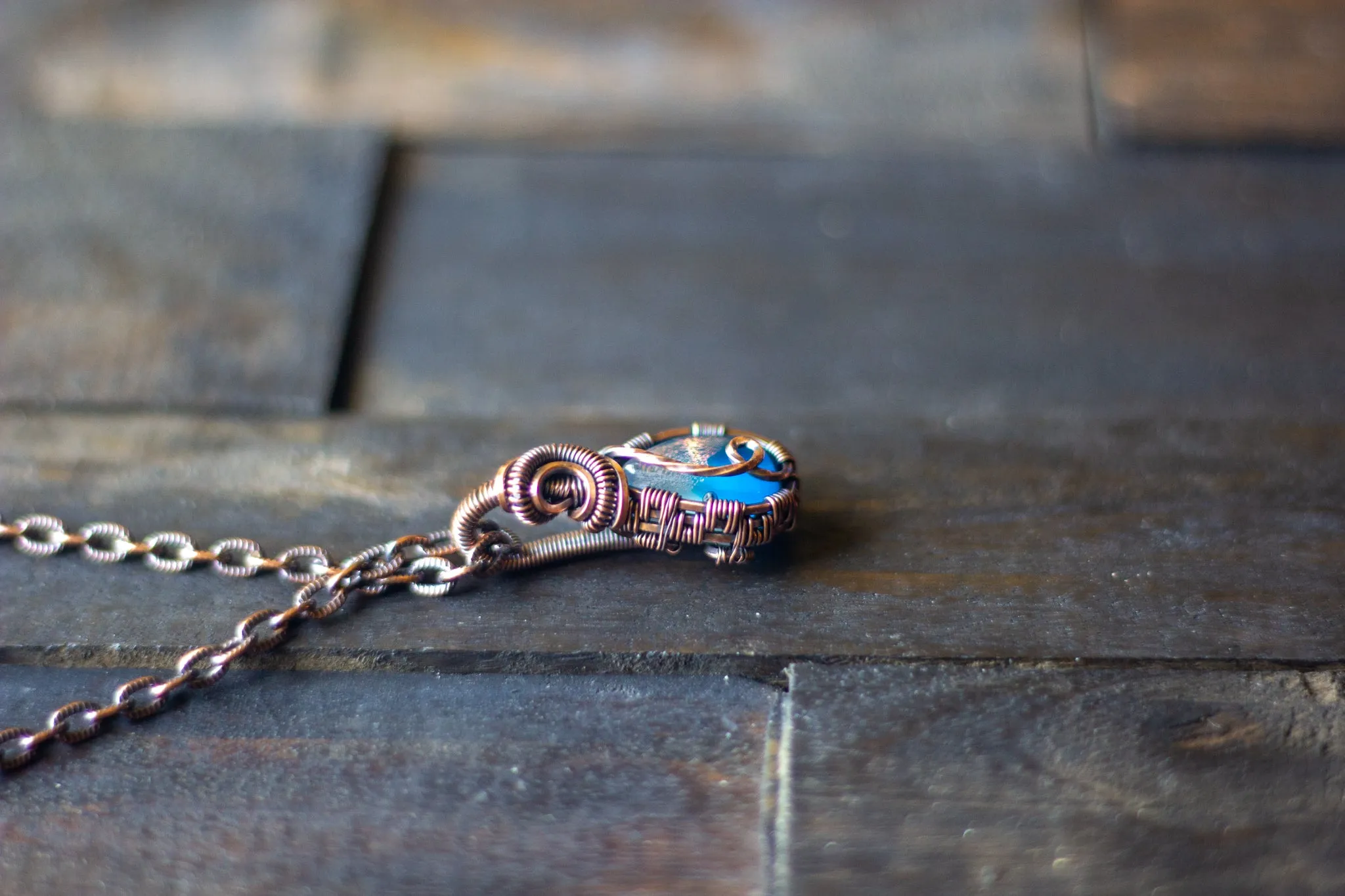 Dichroic Blue and White Fused Glass Teardrop Pendant with Copper Wire Wrapping