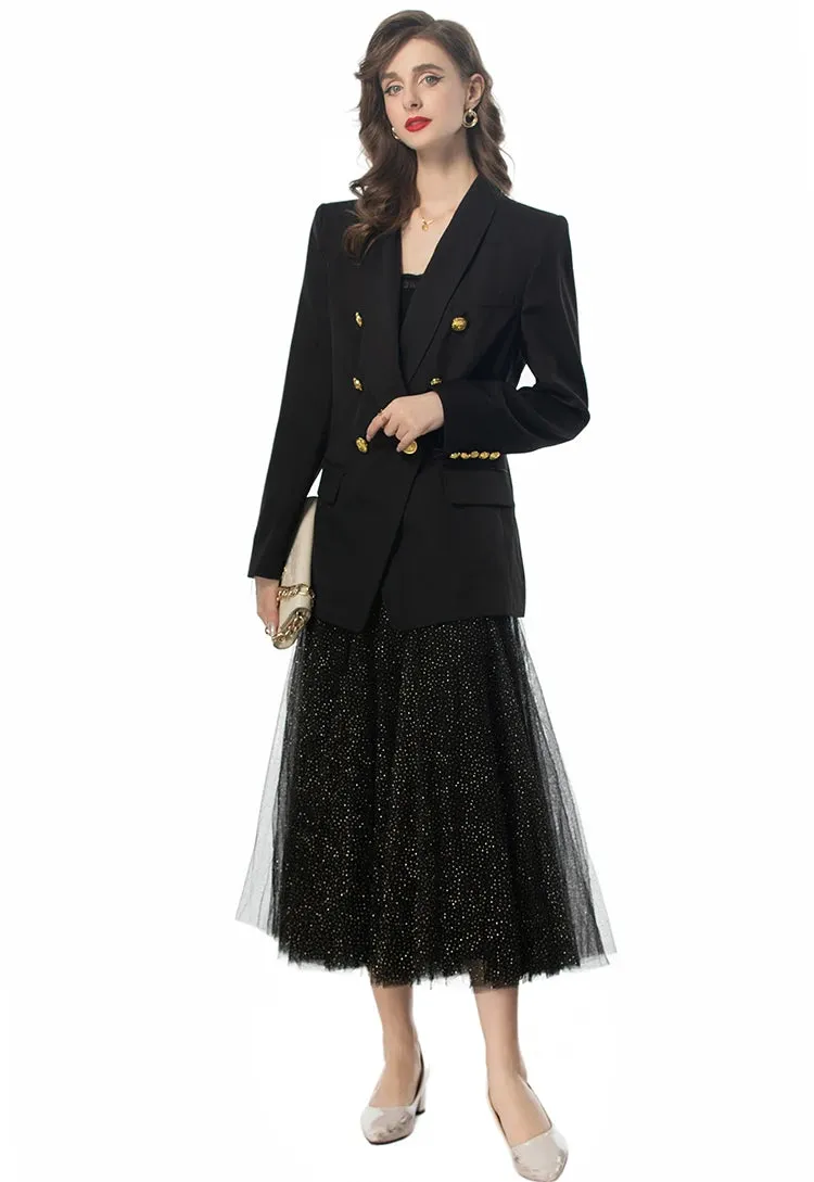 Dixie Double Breasted Solid Tops Black Underlay Skirt Elegant Two Piece Set