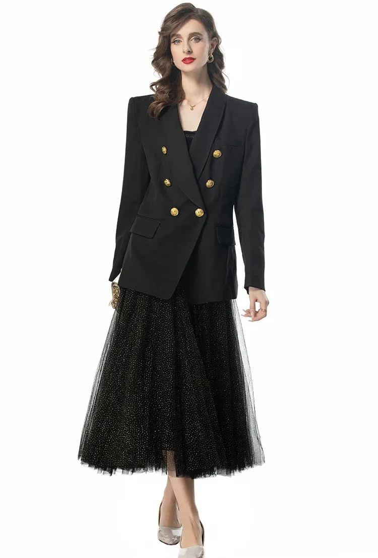 Dixie Double Breasted Solid Tops Black Underlay Skirt Elegant Two Piece Set