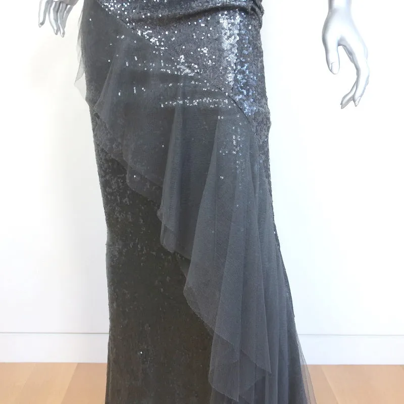 Donna Karan Strapless Sequined Ruffled Gown Gunmetal Size 4 Evening Dress