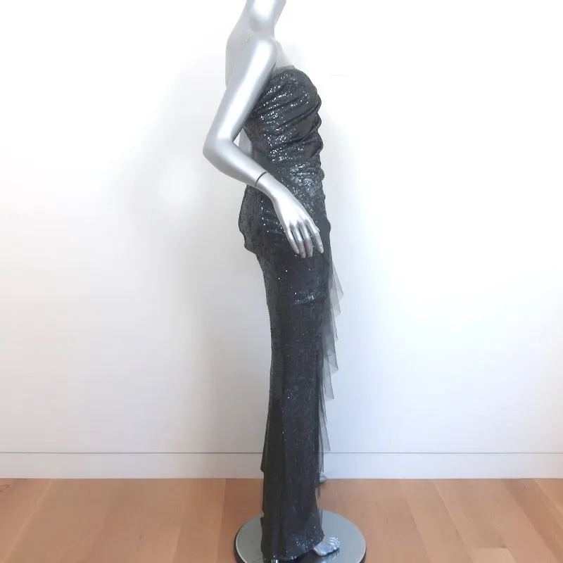 Donna Karan Strapless Sequined Ruffled Gown Gunmetal Size 4 Evening Dress