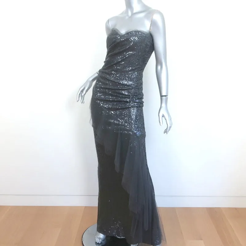 Donna Karan Strapless Sequined Ruffled Gown Gunmetal Size 4 Evening Dress