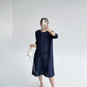 early autumn new fashion and thin large size loose pleated dress high-end beaded round neck temperament medium and long dress