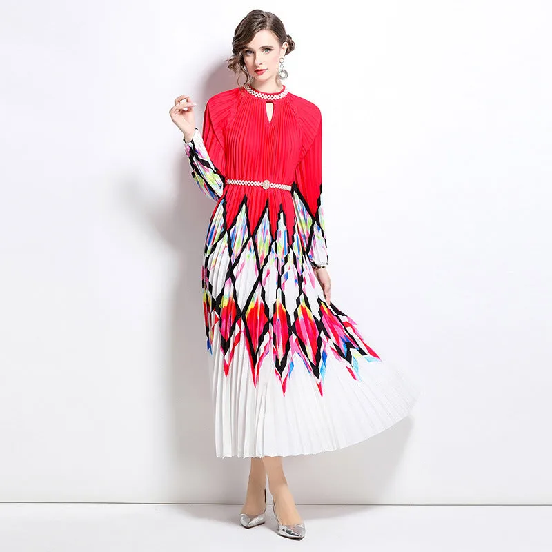 elegant dress women's fashion beaded round neck hollow pleated lantern sleeve waist printed long dress