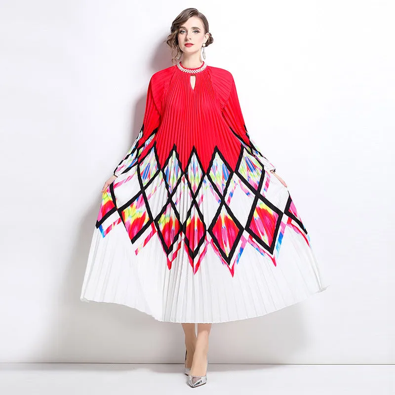 elegant dress women's fashion beaded round neck hollow pleated lantern sleeve waist printed long dress