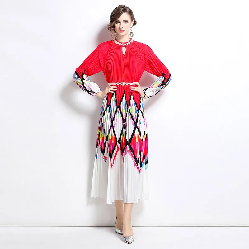 elegant dress women's fashion beaded round neck hollow pleated lantern sleeve waist printed long dress