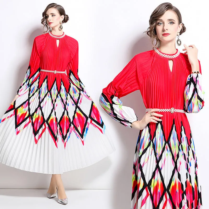 elegant dress women's fashion beaded round neck hollow pleated lantern sleeve waist printed long dress