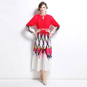elegant dress women's fashion beaded round neck hollow pleated lantern sleeve waist printed long dress