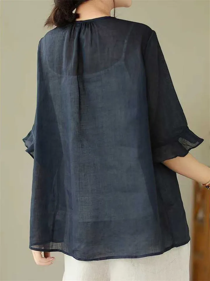 Ethnic Style Round Neck Ruffle Sleeve Transparent Shirt for Women