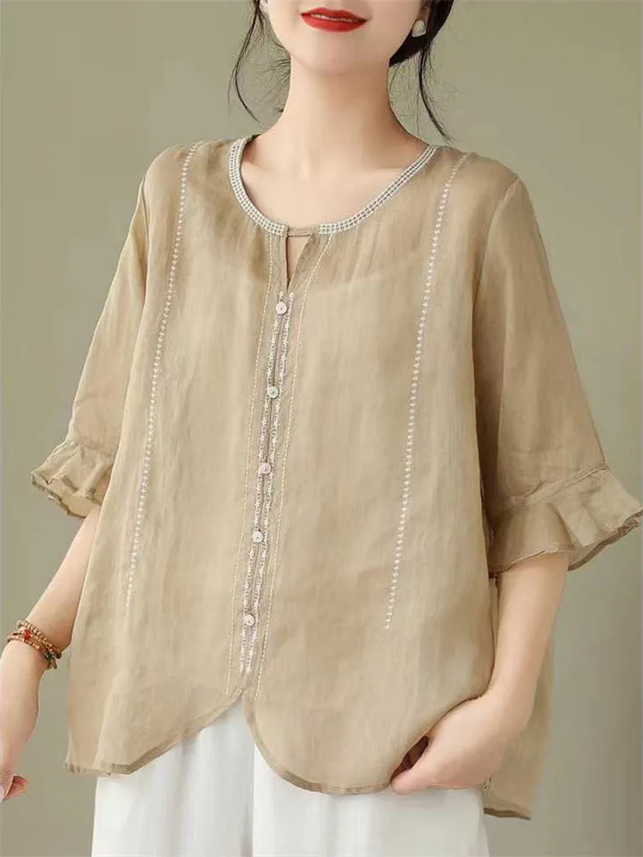Ethnic Style Round Neck Ruffle Sleeve Transparent Shirt for Women