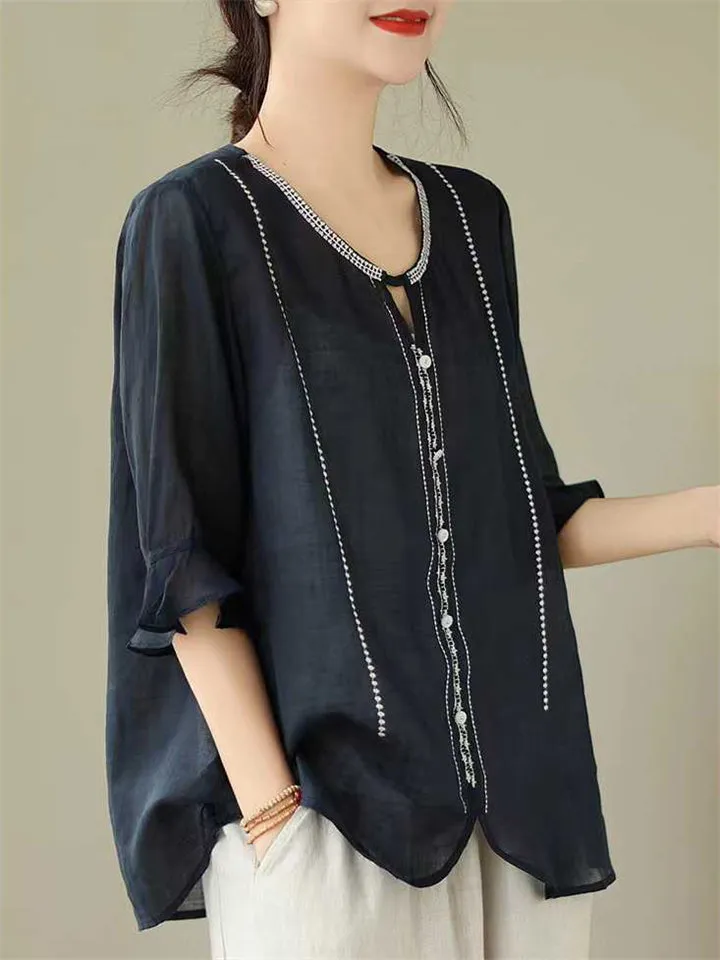 Ethnic Style Round Neck Ruffle Sleeve Transparent Shirt for Women
