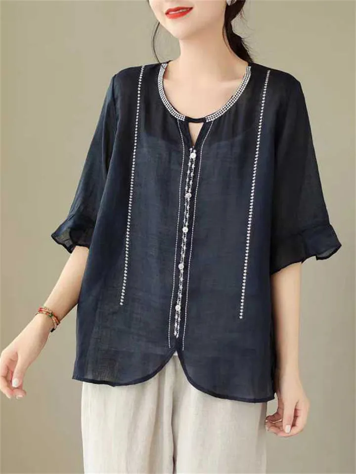 Ethnic Style Round Neck Ruffle Sleeve Transparent Shirt for Women