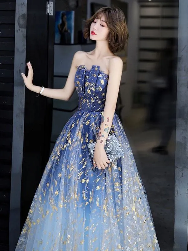 Evening Dress A-Line Strapless Matte Satin Floor-Length Pleated Sequined Prom Dress