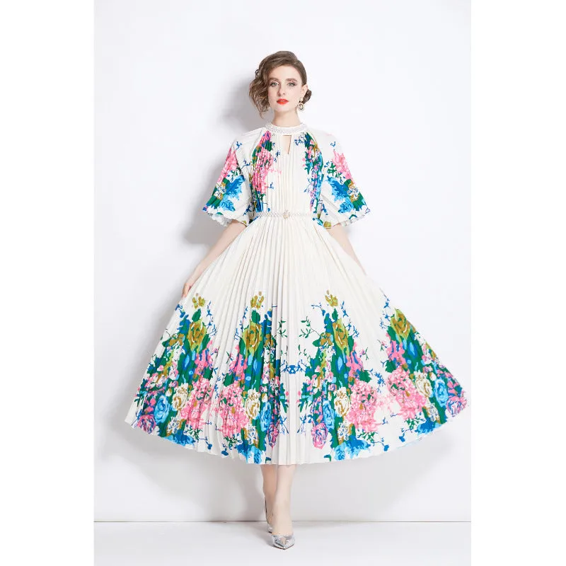 Fashion light luxury Sanzhai short-sleeved beaded stand-up collar waist thin a word gradual change color printing big pendulum pleated dress