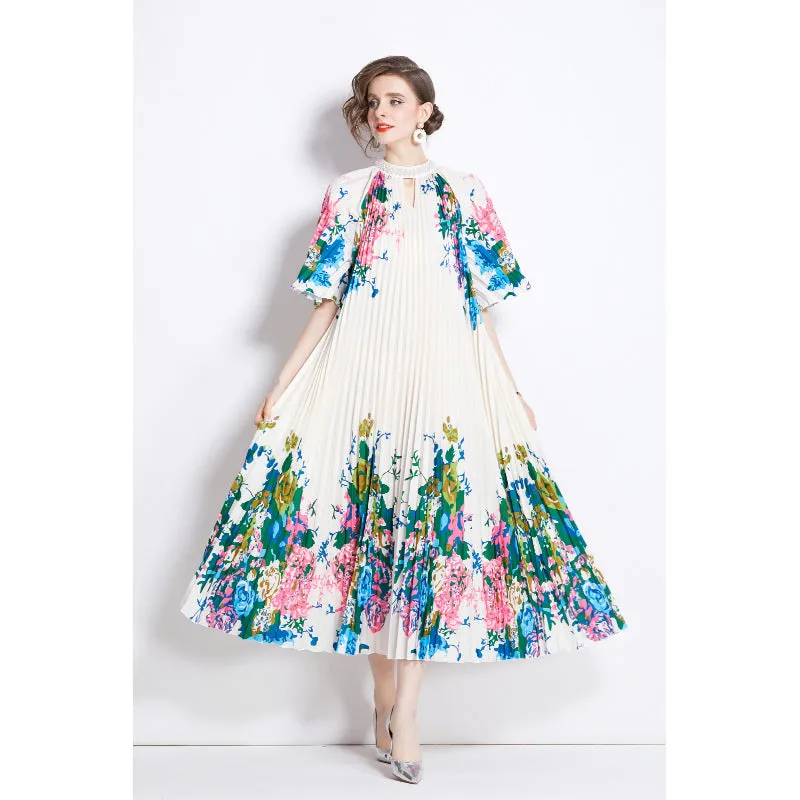 Fashion light luxury Sanzhai short-sleeved beaded stand-up collar waist thin a word gradual change color printing big pendulum pleated dress