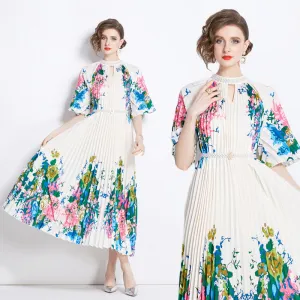 Fashion light luxury Sanzhai short-sleeved beaded stand-up collar waist thin a word gradual change color printing big pendulum pleated dress