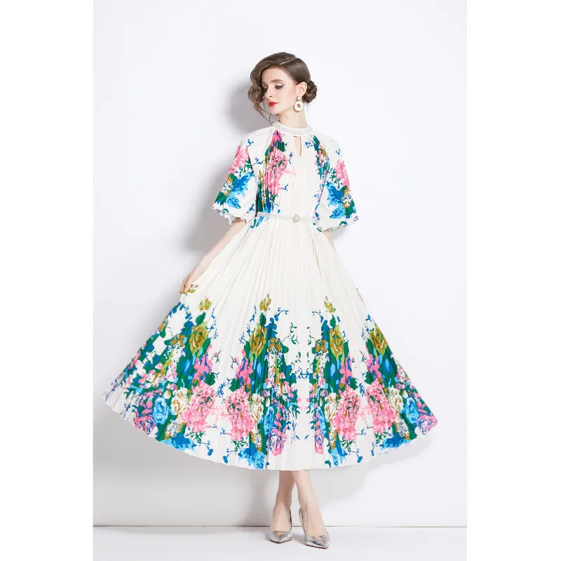 Fashion light luxury Sanzhai short-sleeved beaded stand-up collar waist thin a word gradual change color printing big pendulum pleated dress