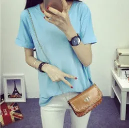 fashion Women's Clothes Shirt O-neck Her boyfriend wind edge pure color