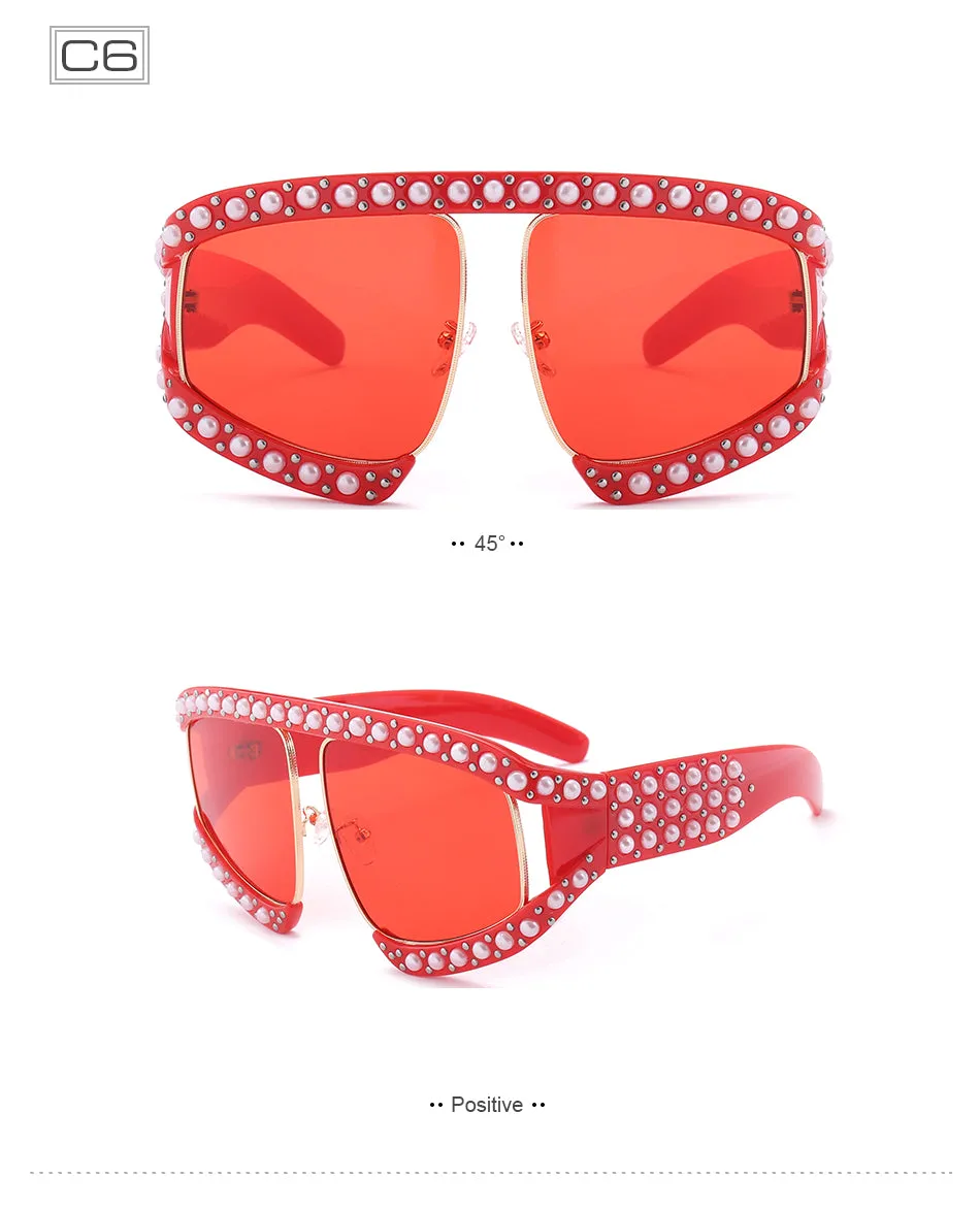 Fashion Women's Summer Sunglasses With Pearl Rivets - Red,Black