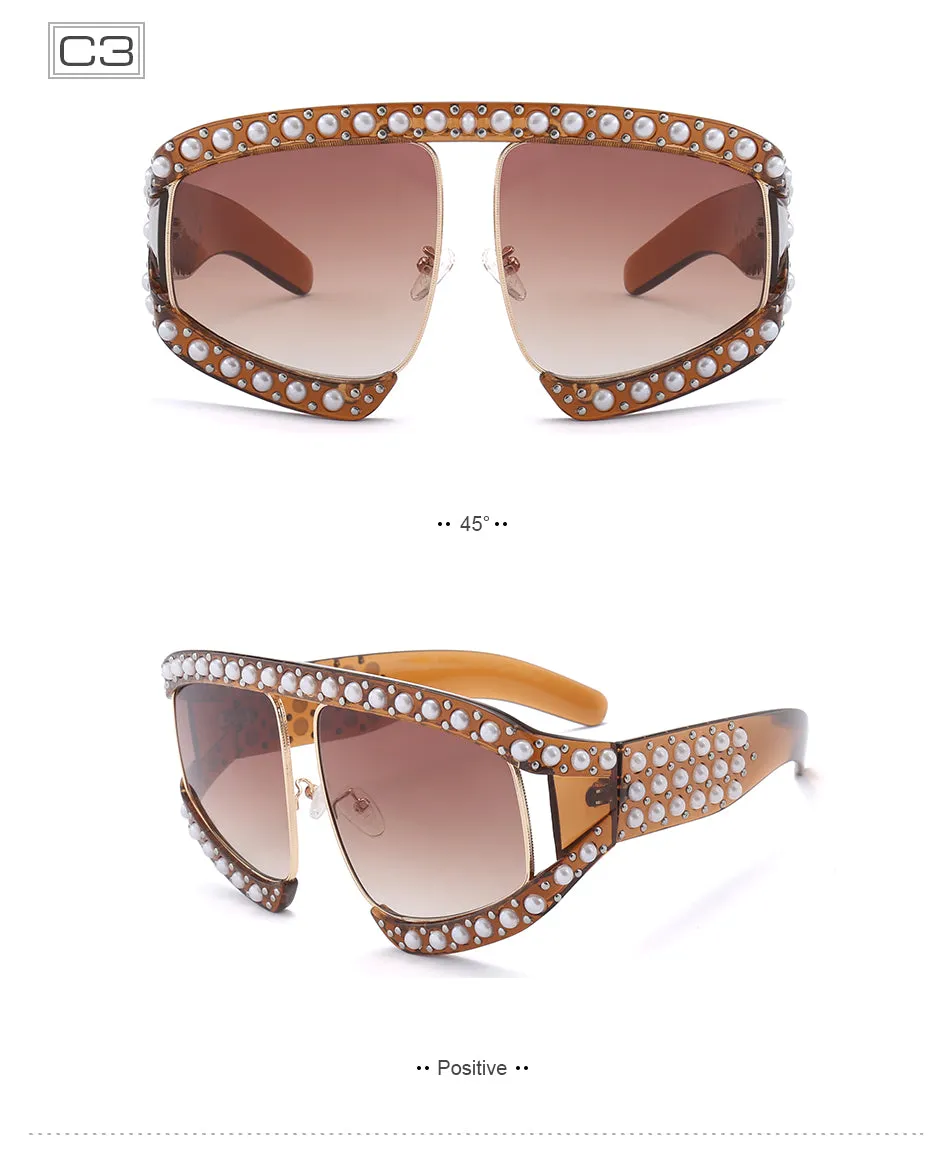 Fashion Women's Summer Sunglasses With Pearl Rivets - Red,Black