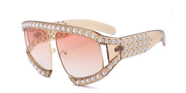 Fashion Women's Summer Sunglasses With Pearl Rivets - Red,Black