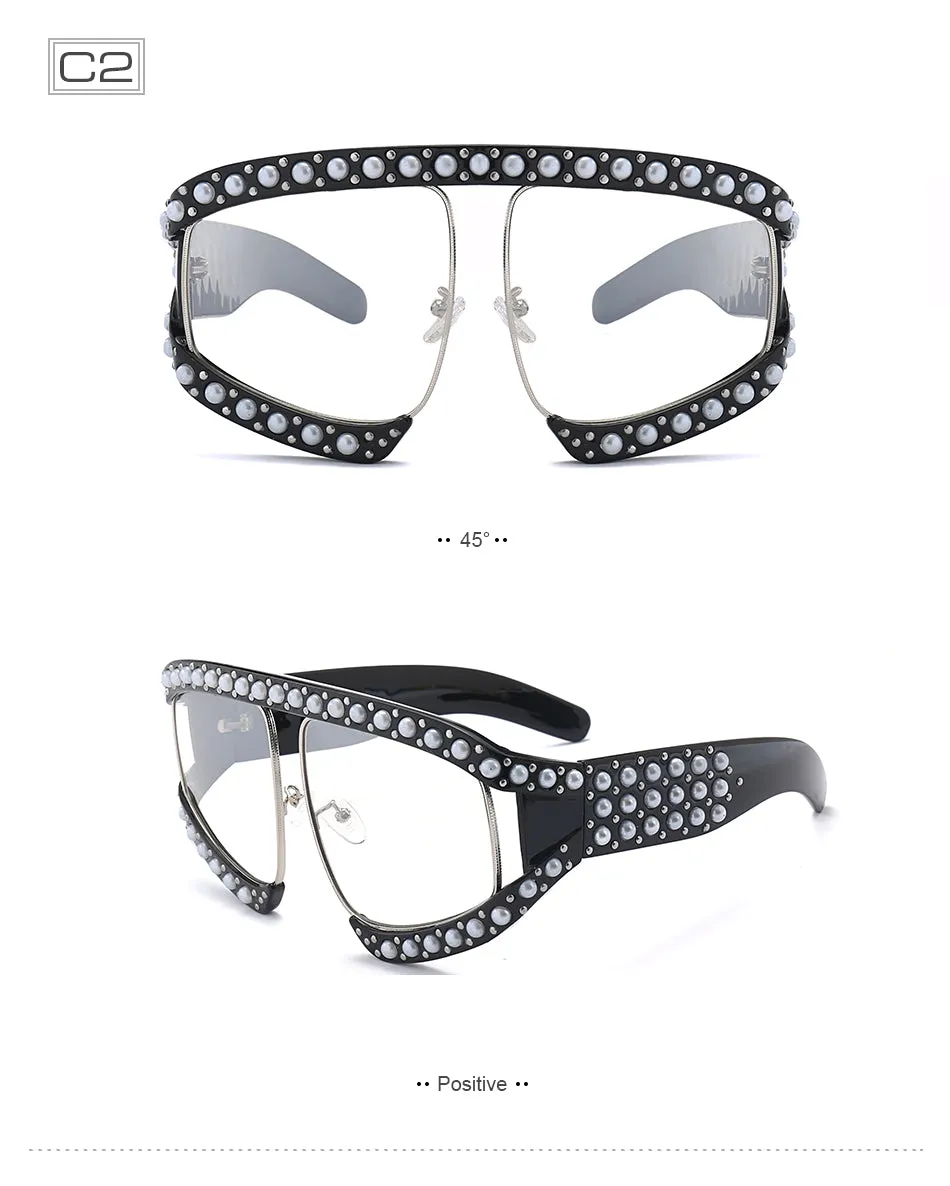Fashion Women's Summer Sunglasses With Pearl Rivets - Red,Black