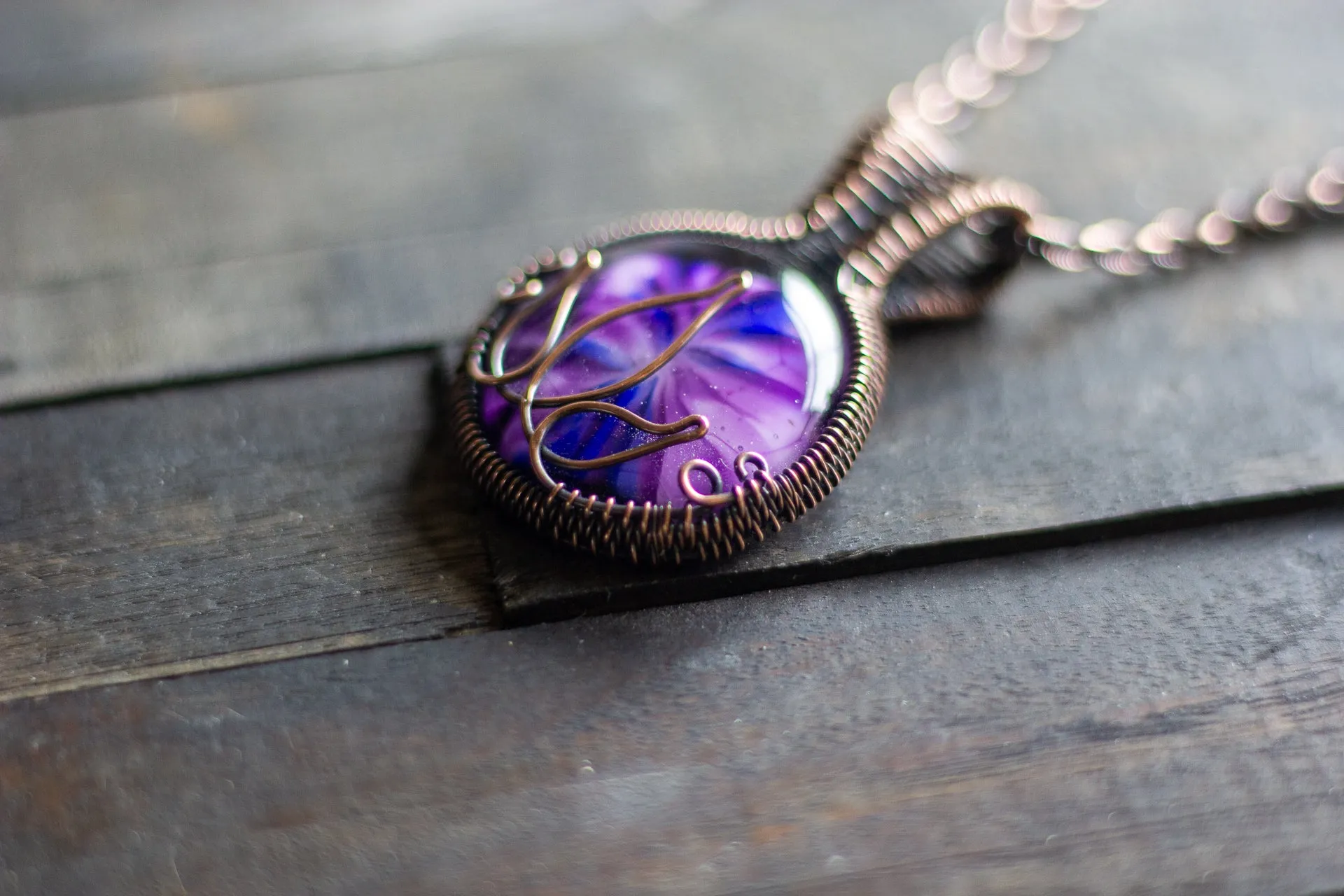 Flower In Bloom Purple Fused Glass and Copper Wire Pendant