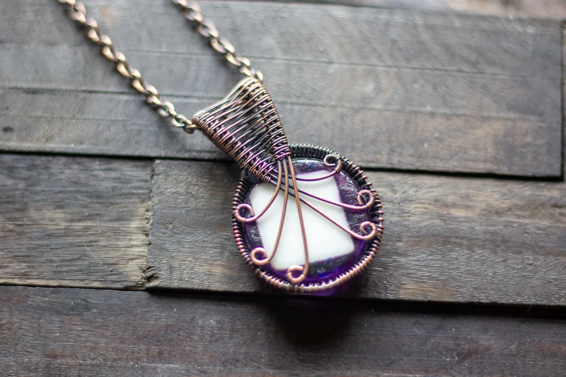 Flower In Bloom Purple Fused Glass and Copper Wire Pendant