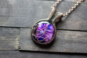 Flower In Bloom Purple Fused Glass and Copper Wire Pendant