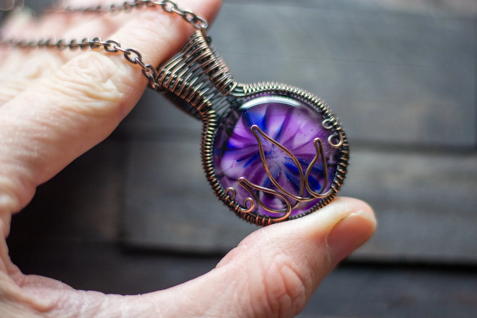 Flower In Bloom Purple Fused Glass and Copper Wire Pendant