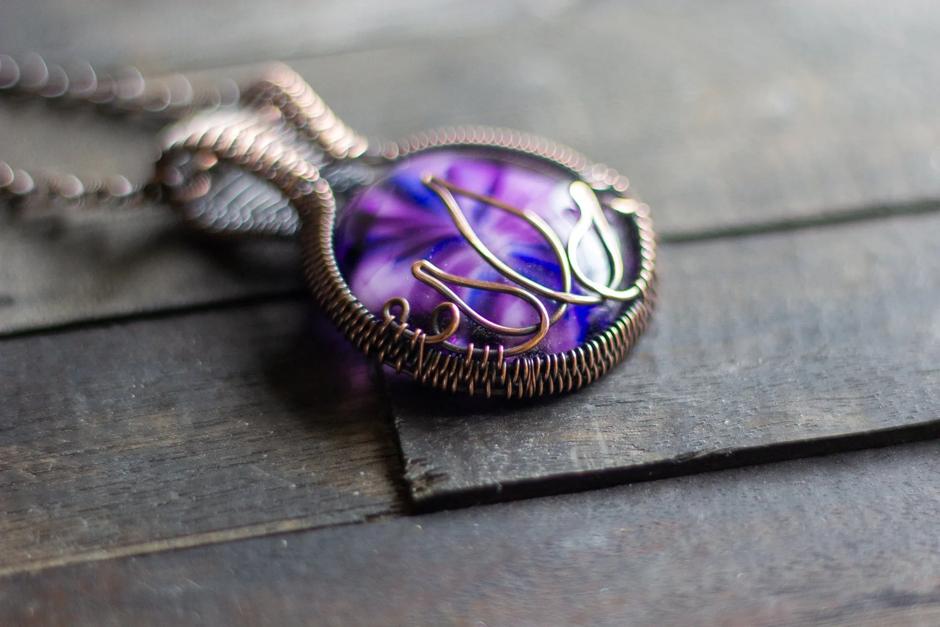 Flower In Bloom Purple Fused Glass and Copper Wire Pendant