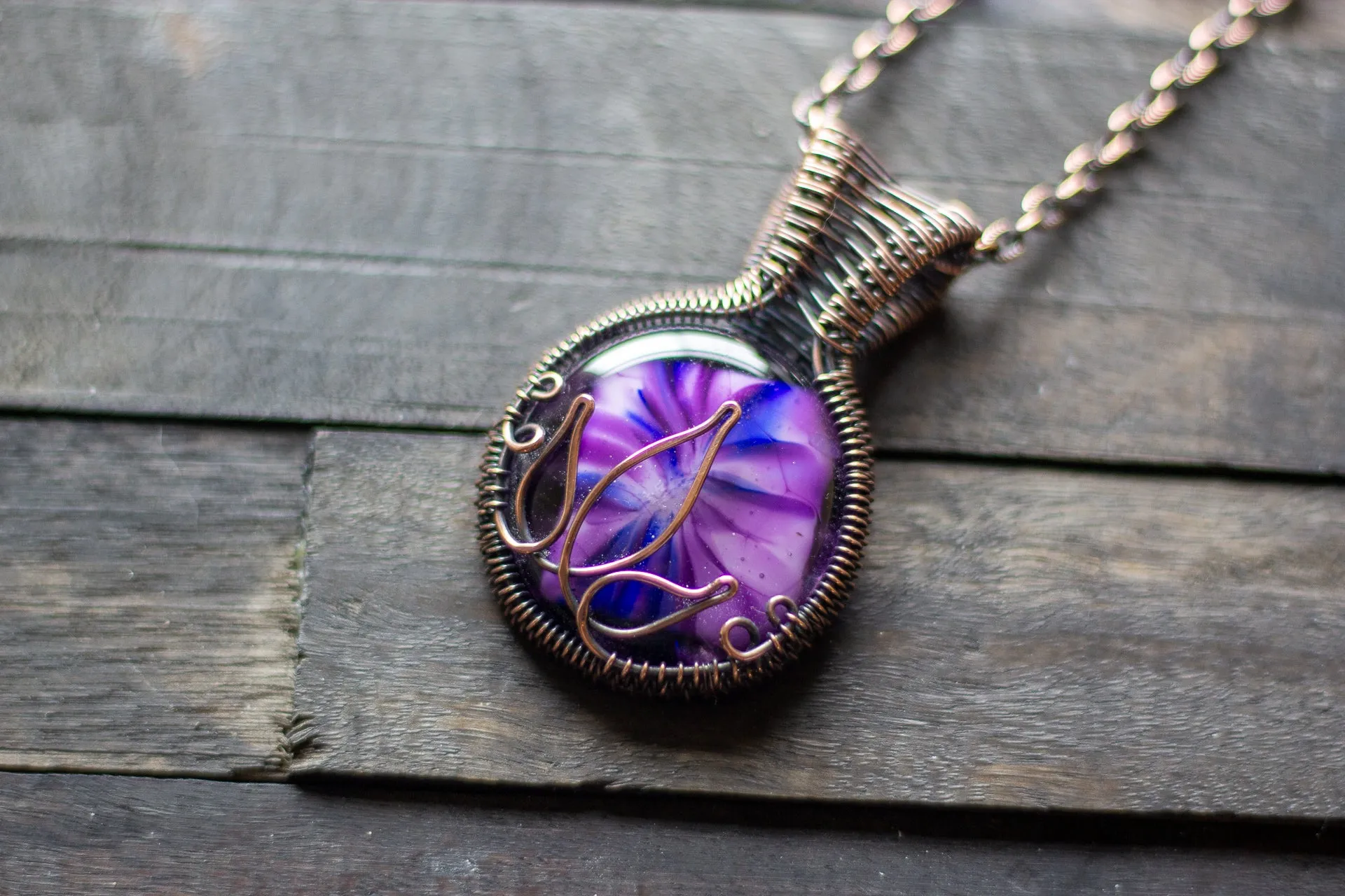 Flower In Bloom Purple Fused Glass and Copper Wire Pendant