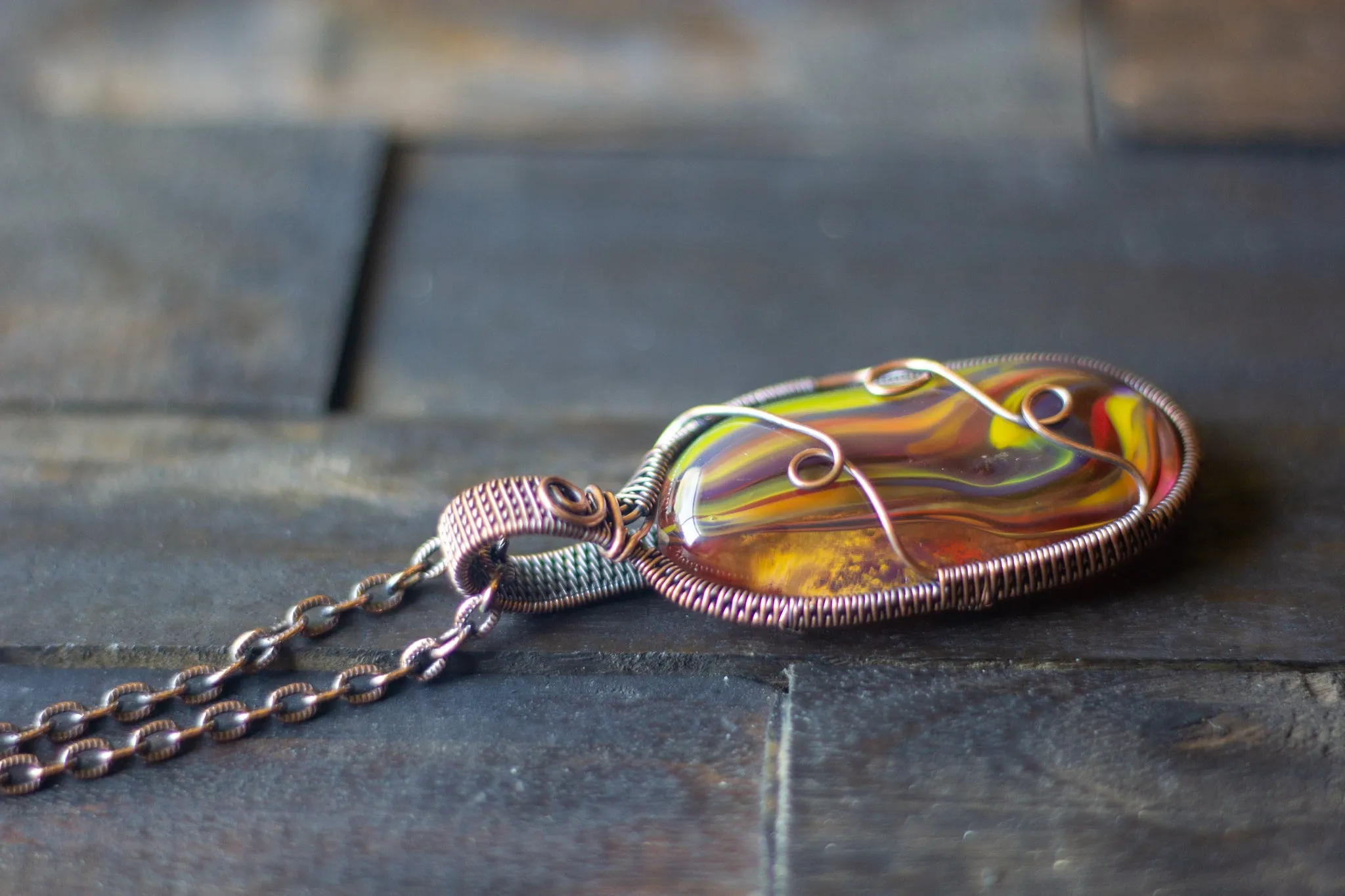 Fused Glass "Fire" Pendant with Copper Wire Wrapping