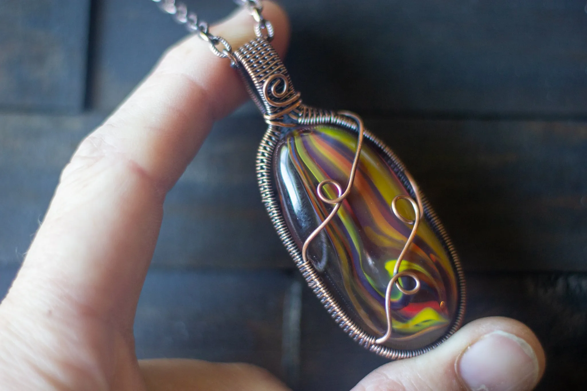Fused Glass "Fire" Pendant with Copper Wire Wrapping