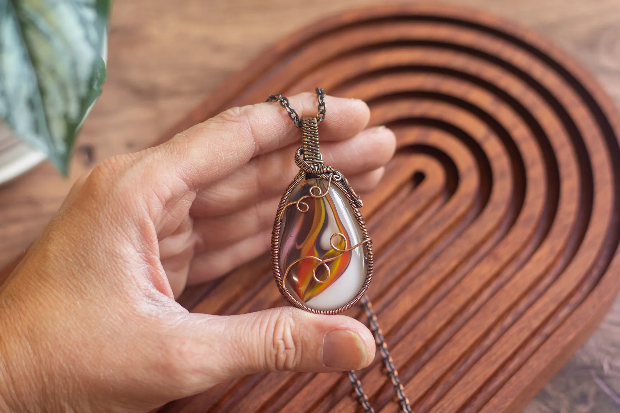 Fused Glass "Fire" Pendant with Copper Wire Wrapping