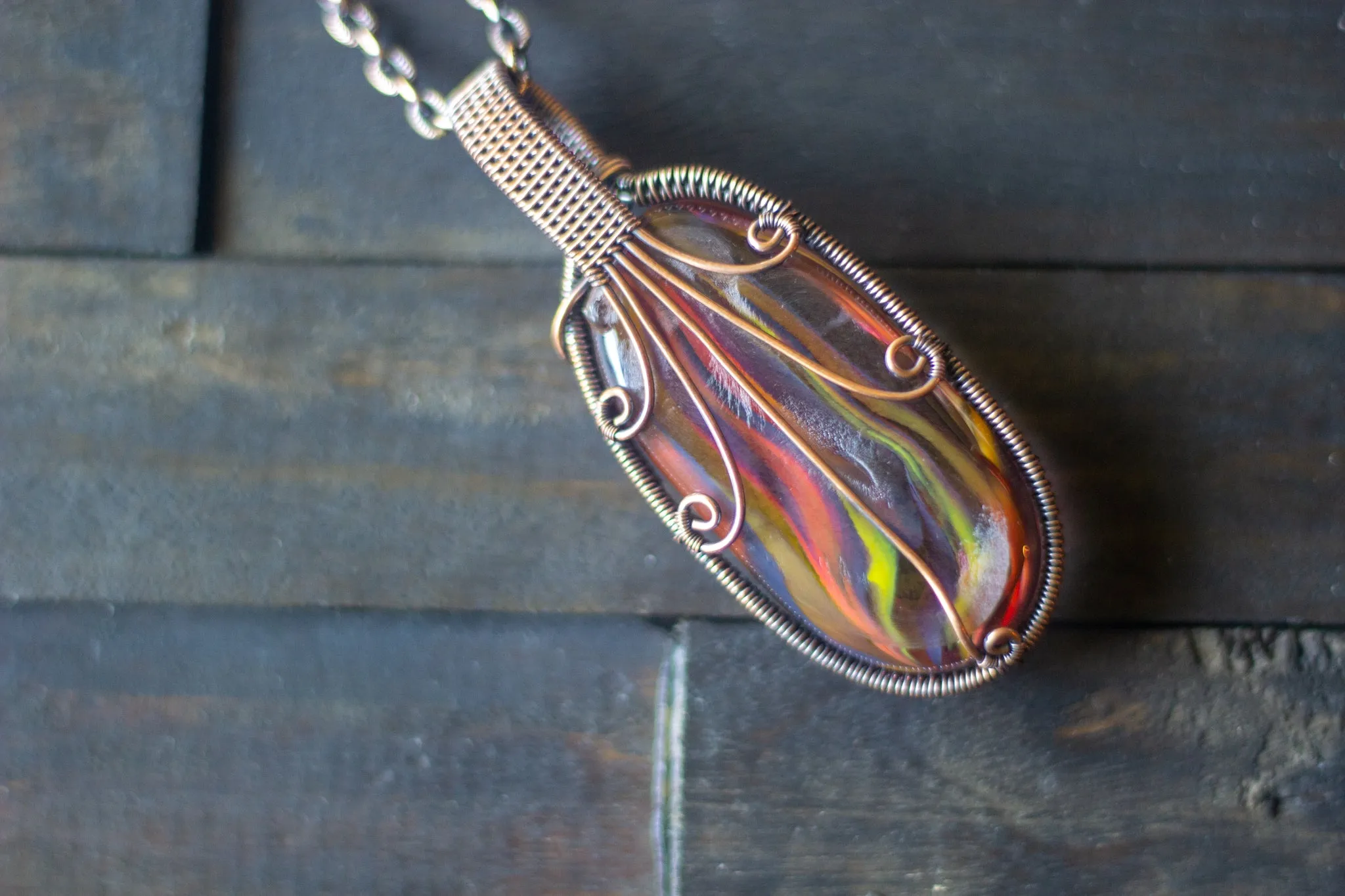 Fused Glass "Fire" Pendant with Copper Wire Wrapping