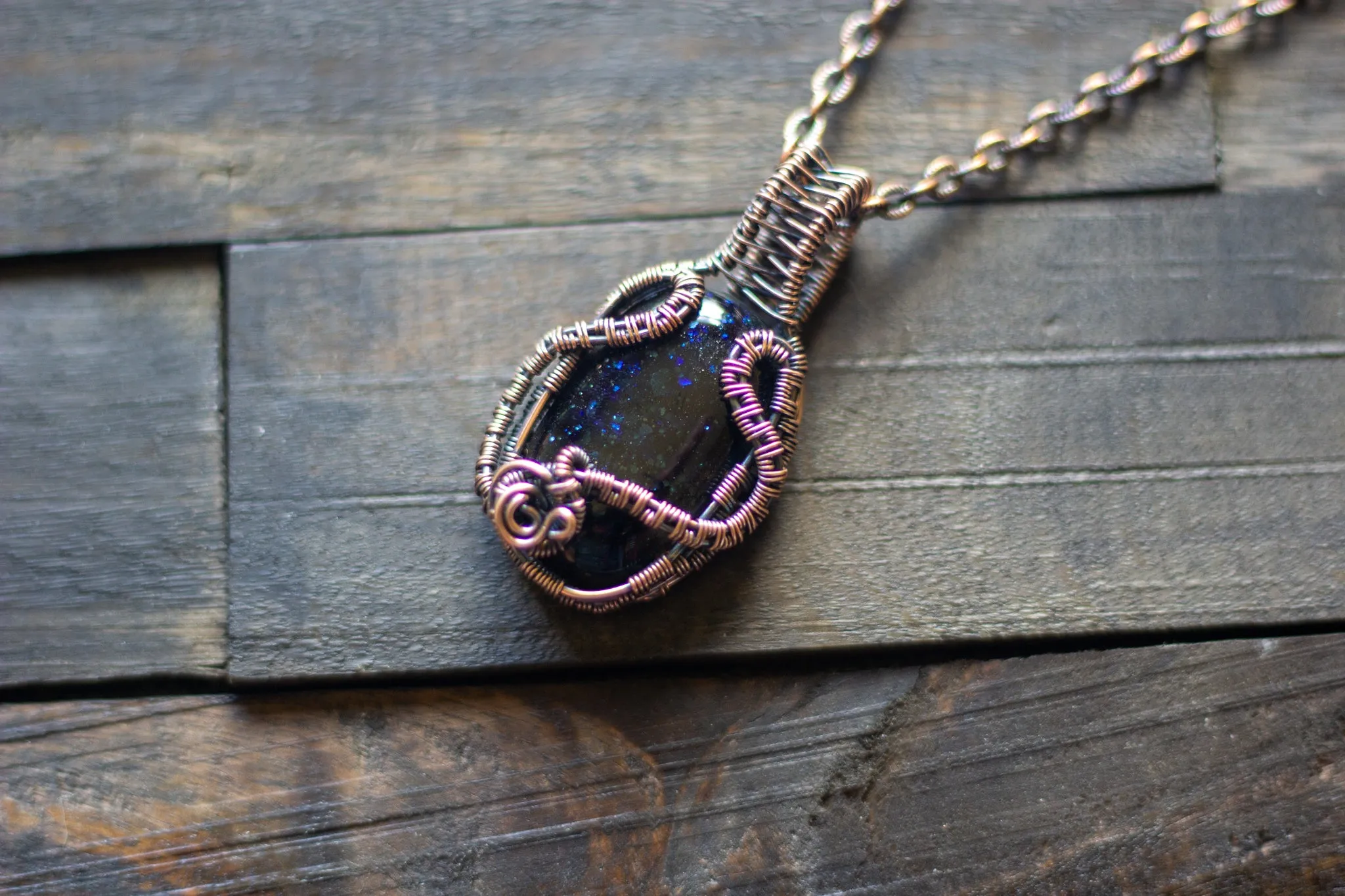 Glittery Dichroic Blue Fused Glass and Copper Wire Pendant