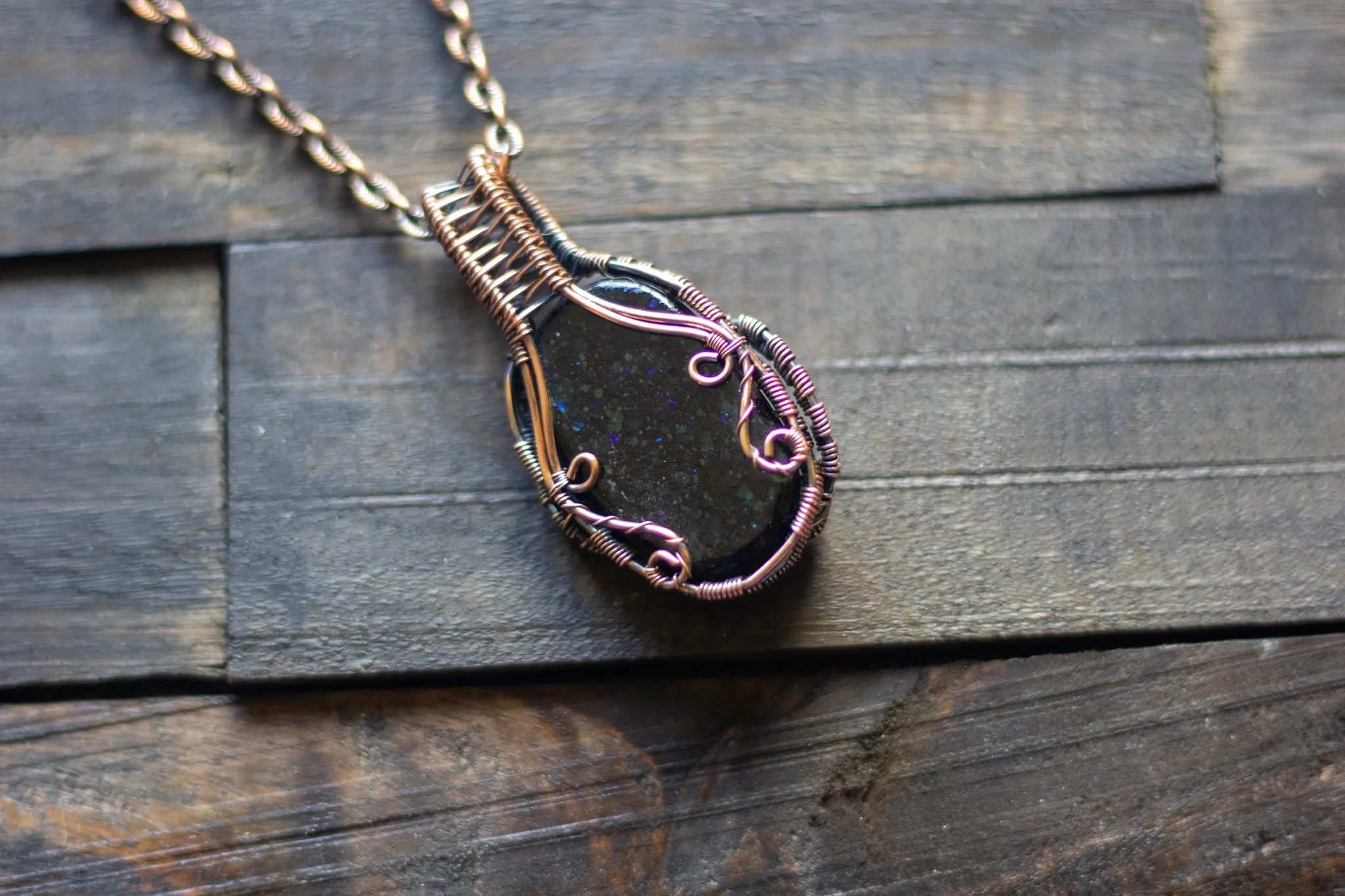 Glittery Dichroic Blue Fused Glass and Copper Wire Pendant