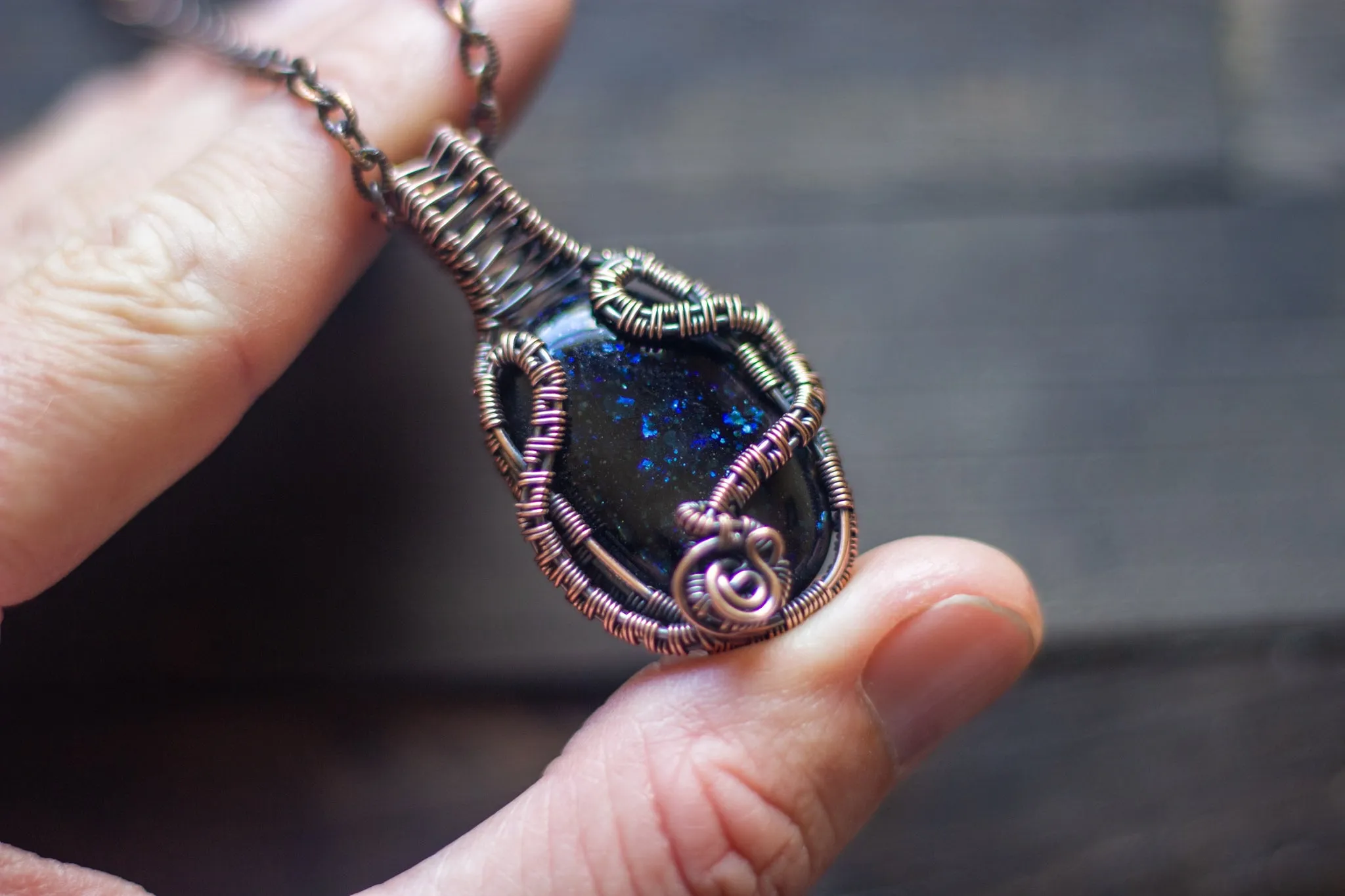 Glittery Dichroic Blue Fused Glass and Copper Wire Pendant