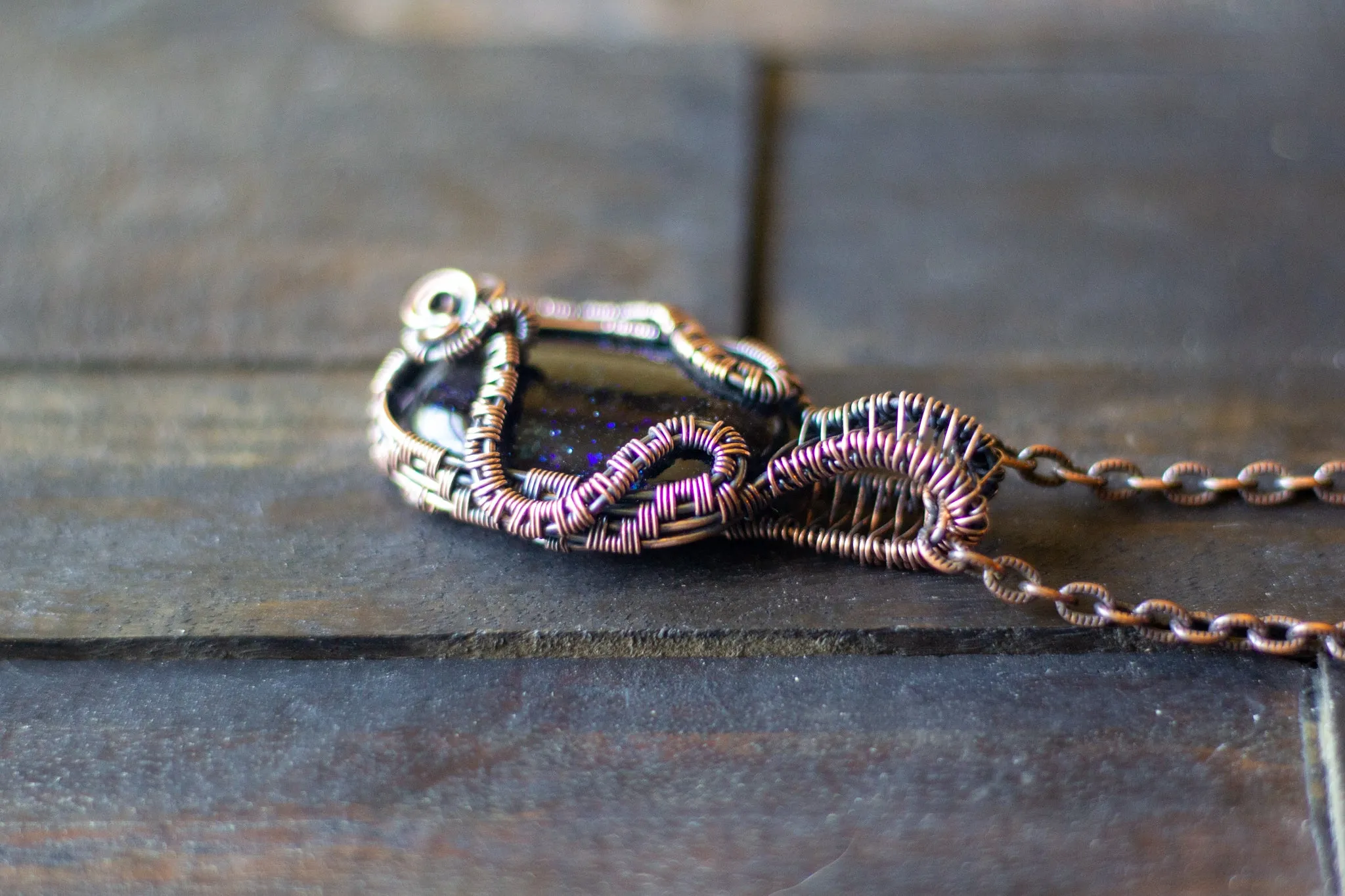 Glittery Dichroic Blue Fused Glass and Copper Wire Pendant
