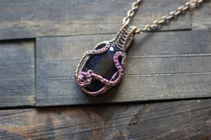 Glittery Dichroic Blue Fused Glass and Copper Wire Pendant