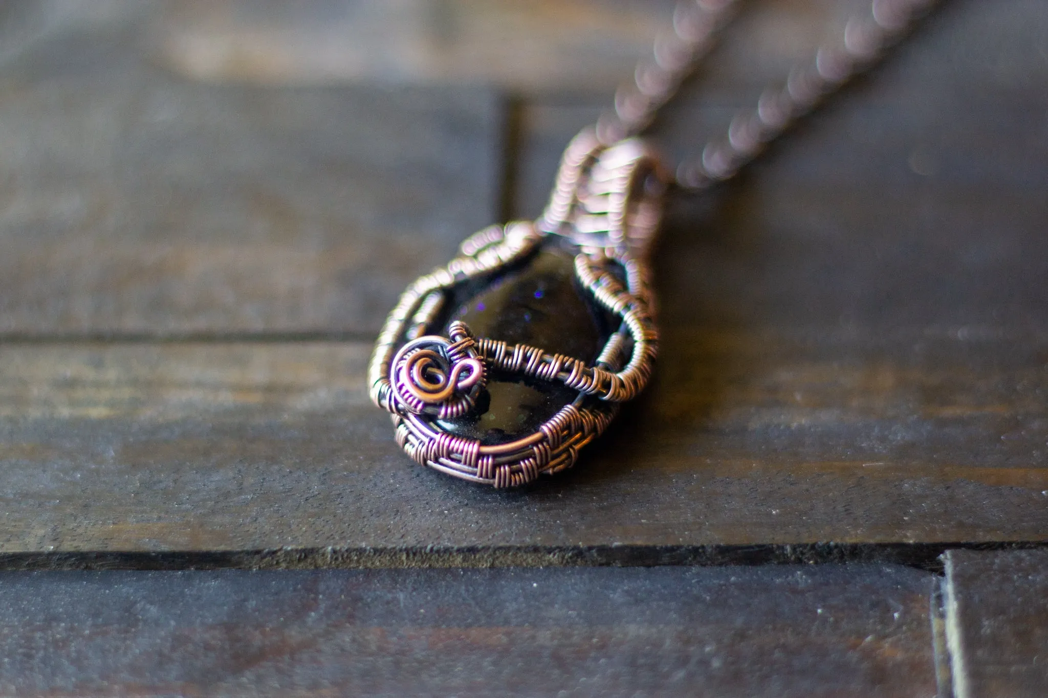 Glittery Dichroic Blue Fused Glass and Copper Wire Pendant
