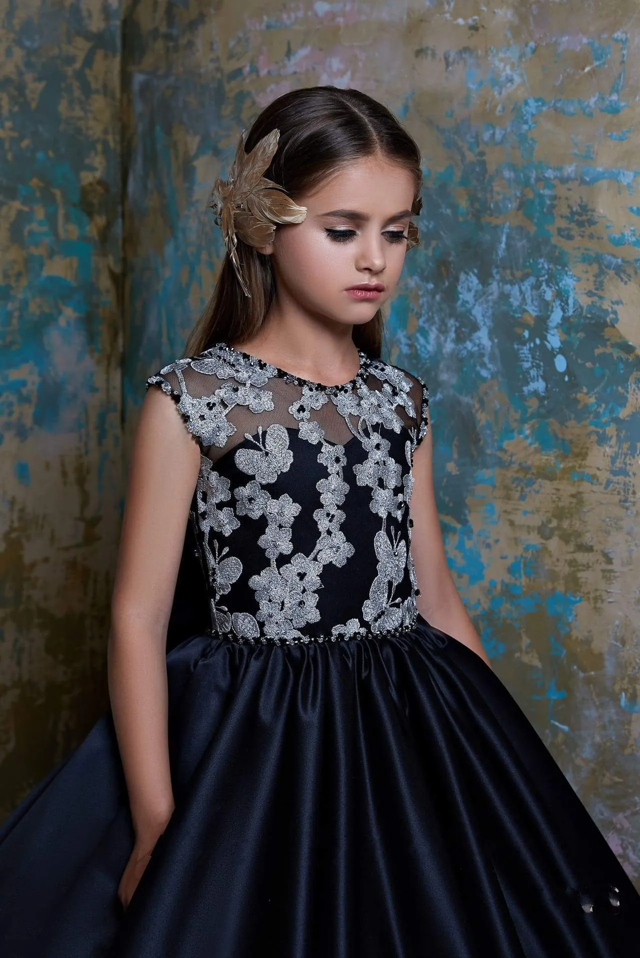 Gratia Black Flower Girl Dress with Gold Flowers