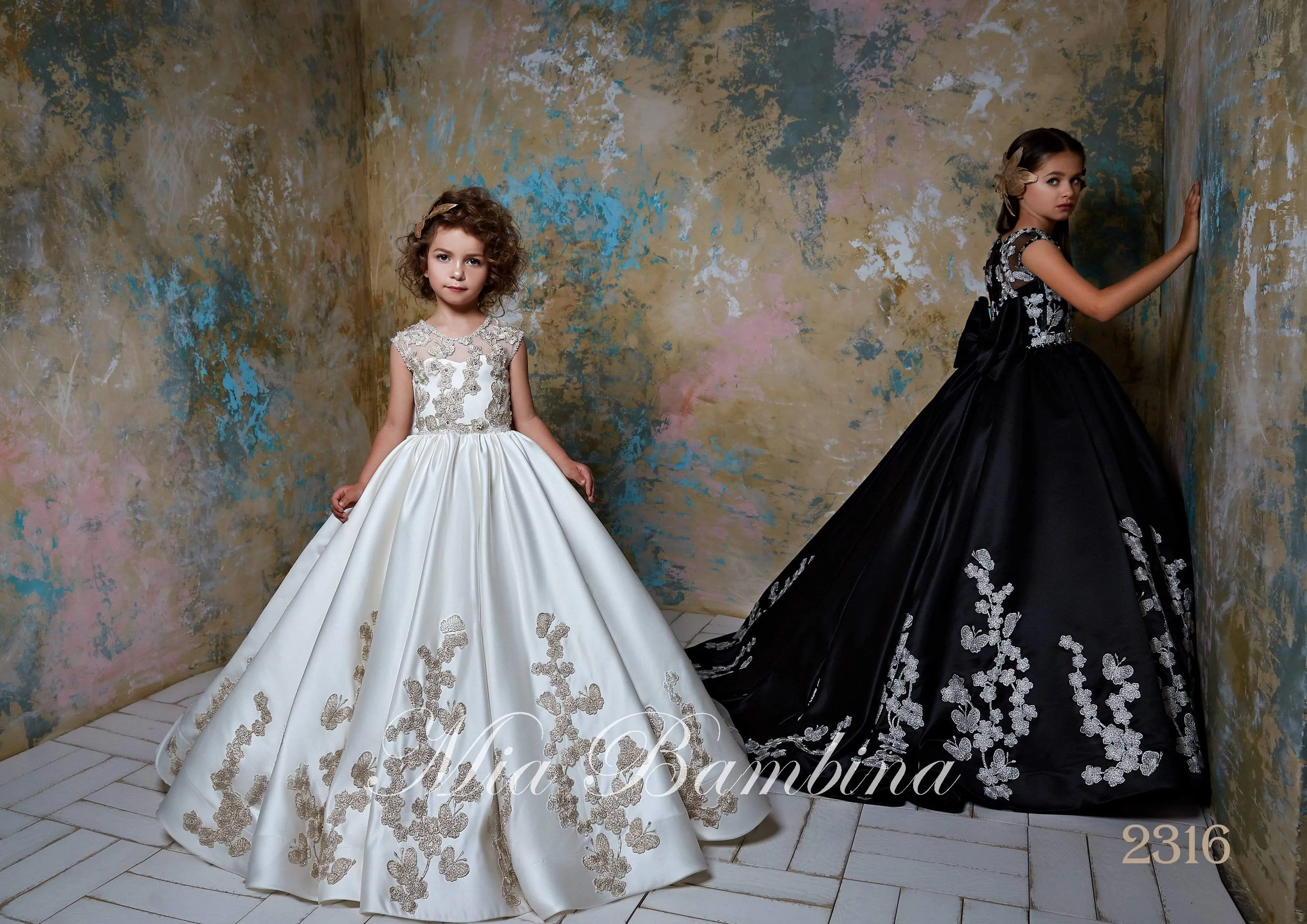 Gratia Black Flower Girl Dress with Gold Flowers